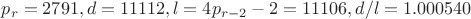 $p_r=2791, d=11112, l=4p_{r-2}-2=11106, d/l=1.000540$