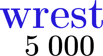 $\tikz[scale=2,transform shape, font=\fontsize{28}\selectfont,black]{
\node at (-.7,0) {\textbf{5}};
\node at (.65,0) {\textbf{000}};
\node at (0,1.1) [scale=1.2,transform shape, font=\fontsize{33}\selectfont,blue!80!brown!100][rotate=0] {\textbf{wrest}}
;}$