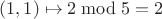 $(1,1)\mapsto 2\bmod 5=2$