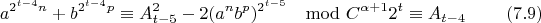 $$a^{2^{t-4}n}+b^{2^{t-4}p}\equiv A_{t-5}^2-2(a^nb^p)^{2^{t-5}}\mod C^{\alpha+1}2^t \equiv A_{t-4} \eqno(7.9)$$