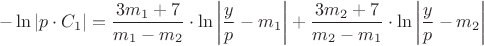 $$-\ln|p\cdot C_1|=\frac{3m_1+7}{m_1-m_2}\cdot\ln\left |\frac{y}{p}-m_1\right |+\frac{3m_2+7}{m_2-m_1}\cdot\ln\left |\frac{y}{p}-m_2\right |$$