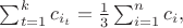 $\sum_{t=1}^kc_{i_t}=\frac13\sum_{i=1}^nc_i, $