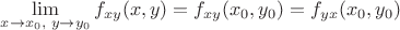$\lim\limits_{x\to x_0,\;y\to y_0}^{}f_{xy}(x,y)=f_{xy}(x_0,y_0)=f_{yx}(x_0,y_0)$