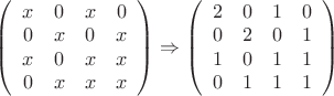 $
\left(
\begin{array}{cccc}
x &0 &x & 0\\       
0 & x & 0 &x \\       
x & 0 & x & x\\  
0 & x & x & x \\       
\end{array}
\right)\Rightarrow
\left(
\begin{array}{cccc}
2 & 0 & 1 & 0\\       
0 & 2 & 0 & 1 \\       
1 & 0 & 1 & 1\\  
0 &  1 & 1 & 1 \\       
\end{array}
\right)
$