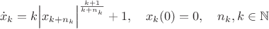 $$\dot x_k=k\Big|x_{k+n_k}\Big|^{\frac{k+1}{k+n_k}}+1,\quad x_k(0)=0,\quad n_k,k\in\mathbb{N}$$