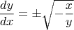 $$\frac{dy}{dx}=\pm\sqrt{-\frac{x}{y}}$$