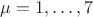 $\mu=1,\ldots,7$