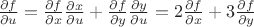 $\frac{\partial f}{\partial u}=\frac{\partial f}{\partial x}\frac{\partial x}{\partial u}+\frac{\partial f}{\partial y}\frac{\partial y}{\partial u}=2\frac{\partial f}{\partial x}+3\frac{\partial f}{\partial y}$