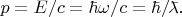 $p=E/c=\hbar\omega/c=\hbar/\bar{\phantom{x}}\!\!\!\!\lambda.$