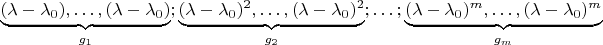 $\underbrace{(\lambda-\lambda_0),\ldots,(\lambda-\lambda_0)}_{g_1}; \underbrace{(\lambda-\lambda_0)^2,\ldots,(\lambda-\lambda_0)^2}_{g_2};\ldots;\underbrace{(\lambda-\lambda_0)^m,\ldots,(\lambda-\lambda_0)^m}_{g_m}$