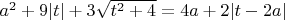 $a^2+9|t|+3\sqrt{t^2+4}=4a+2|t-2a|$