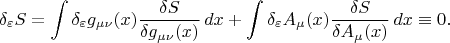 $$
\delta_\varepsilon S= \int  \delta_\varepsilon g_{\mu\nu}(x)\frac{\delta S}{\delta g_{\mu\nu}(x)}\,dx 
+ \int  \delta_\varepsilon A_{\mu}(x)\frac{\delta S}{\delta A_{\mu}(x)}\,dx
\equiv0.
$$