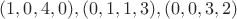 $(1,0,4,0), (0,1,1,3), (0,0,3,2)$