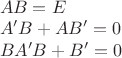 $\begin{array}{l}AB=E\\A' B+A B'=0\\BA'B+B'=0\end{array}$