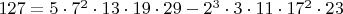 $127=5\cdot 7^2\cdot 13\cdot 19\cdot 29-2^3\cdot 3\cdot 11\cdot 17^2\cdot 23$