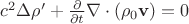 $c^2\Delta \rho'+\frac{\partial}{\partial t}\nabla\cdot (\rho_0\mathbf v)=0$