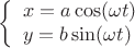 \[
\left\{ \begin{array}{l}
 x = a\cos (\omega t) \\ 
 y = b\sin (\omega t) \\ 
 \end{array} \right.
\]