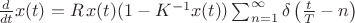 $\frac{d}{dt} x(t)= R \, x(t)(1-K^{-1}x(t)) \sum^{\infty}_{n=1} \delta \left(\frac{t}{T} -n\right)$
