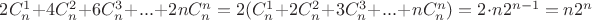 $2 C_n^1+4 C_n^2+ 6 C_n^3+...+2n C_n^n=2(C_n^1+2 C_n^2+ 3 C_n^3+...+n C_n^n)=2\cdot n2^{n-1}=n2^n$