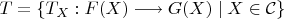 $T=\{T_X:F(X)\longrightarrow G(X)\mid X\in{\mathcal C}\}$