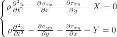 $\left\{\begin{matrix}
\rho\frac{\partial^2 u}{\partial t^2}-\frac{\partial \sigma _{xx}}{\partial x}-\frac{\partial \tau _{xy}}{\partial y}-X=0
\\
\\ 
\rho\frac{\partial^2 v}{\partial t^2}-\frac{\partial \sigma _{yy}}{\partial y}-\frac{\partial \tau _{xy}}{\partial x}-Y=0
\end{matrix}\right$