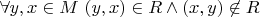 $ \forall y,x \in M \ (y,x ) \in R \wedge (x,y) \not \in R$
