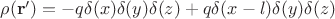 $\rho(\mathbf{r'})=-q\delta(x)\delta(y)\delta(z)+q\delta(x-l)\delta(y)\delta(z)$