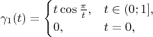 $$\gamma_1(t)=\begin{cases}t\cos\frac{\pi}t,&t\in(0;1],\\
                                         0,&t=0,
                      \end{cases}$$