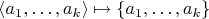 $\langle a_1, \ldots, a_k \rangle \mapsto \{ a_1, \ldots, a_k \}$