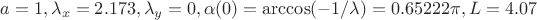$a=1, \lambda_x = 2.173, \lambda_y = 0, \alpha(0) = \arccos (-1/\lambda) = 0.65222 \pi, L=4.07$