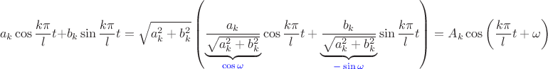 $$a_k \cos \frac {k \pi}{l}  t + b_k \sin \frac {k \pi}{l}  t = \sqrt {a_k^2 + b_k^2} \left(
\underbrace{ \frac {a_k}{\sqrt {a_k^2 + b_k^2}}}_{\color{blue}\cos\omega} \cos \frac {k \pi}{l} t + 
\underbrace{\frac {b_k}{\sqrt {a_k^2 + b_k^2}}}_{\color{blue}{-}\sin\omega} \sin \frac {k \pi}{l}  t \right) = A_k \cos \left(\frac {k \pi}{l} t + \omega\right)$$
