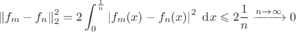 $$
\left\|f_m-f_n\right\|_2^2=2 \int_0^{\frac{1}{n}}\left|f_m(x)-f_n(x)\right|^2 \mathrm{~d} x \leqslant 2 \frac{1}{n} \xrightarrow{n \rightarrow \infty} 0
$$