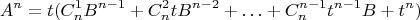 $$A^n=t(C_n^1B^{n-1}+C_n^2tB^{n-2}+\ldots+C_n^{n-1}t^{n-1}B+t^n)$$
