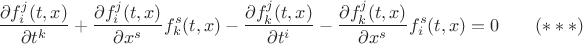 $$\frac{\partial f_i^j(t,x)}{\partial t^k}+\frac{\partial f_i^j(t,x)}{\partial x^s}f^s_k(t,x) -\frac{\partial f_k^j(t,x)}{\partial t^i}-\frac{\partial f_k^j(t,x)}{\partial x^s}f^s_i(t,x)=0\qquad (***)$$