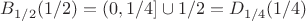 $B_{1/2}(1/2)=(0,1/4] \cup {1/2}=D_{1/4}(1/4)$