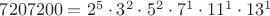 $7207200=2^5\cdot 3^2\cdot 5^2\cdot 7^1\cdot 11^1\cdot 13^1$