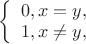 $
\left\{ \begin{array}{l}
0,x=y,\\
1,x\neq y,
\end{array} \right.
$