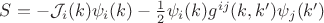 $S = -\mathcal{J}_i (k) \psi_i(k) - \frac{1}{2} \psi_i(k) g^{ij}(k,k') \psi_j(k')$