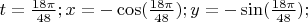 $t=\frac{18\pi}{48}; x=-\cos(\frac{18\pi}{48}); y=-\sin(\frac{18\pi}{48});$