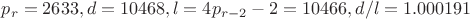 $p_r=2633, d=10468, l=4p_{r-2}-2=10466, d/l=1.000191$