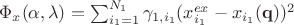 $\Phi_x (\alpha, \lambda)=  \sum_{i_1=1}^{N_1} \gamma_{1,i_1} (x_{i_1}^{ex} - x_{i_1}(\mathbf{q}))^2$