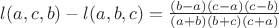 $l(a,c,b)-l(a,b,c)=\frac{(b-a)(c-a)(c-b)}{(a+b)(b+c)(c+a)}$