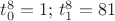 $t_0^8=1;\, t_1^8=81$