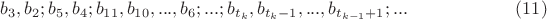 $b_3, b_2; b_5,b_4;b_{11},b_{10},...,b_6;...;b_{t_k}, b_{t_k-1},...,b_{t_{k-1}+1};... \quad\quad\quad\quad\quad\quad(11)$