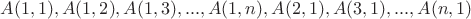 $A(1,1),A(1,2),A(1,3),...,A(1,n),A(2,1),A(3,1),...,A(n,1)$ $A(1,1),A(1,2),A(1,3),...,A(1,n),A(2,1),A(3,1),...,A(n,1)$