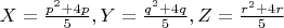 $X=\frac{p^2+4p}{5}, Y=\frac{q^2+4q}{5}, Z=\frac{r^2+4r}{5}$