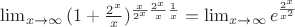 ${\lim_{x\to\infty}{(1+\frac {2^x} x })^{{ \frac x {2^x}} \frac{2^x} x \frac 1 x}=\lim_{x\to\infty}e^ \frac {2^x} {x^2}$