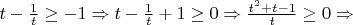$t - \frac{1}{t} \ge -1 \Rightarrow t - \frac{1}{t} + 1\ge 0 \Rightarrow \frac{t^2 + t - 1}{t} \ge 0 \Rightarrow$