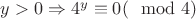 $y>0 \Rightarrow 4^y \equiv 0 (\mod 4)$
