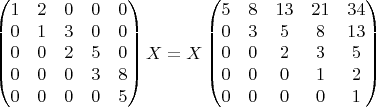 $$\begin{pmatrix}
1 & 2 & 0 & 0 & 0\\
0 & 1 & 3 & 0 & 0\\
0 & 0 & 2 & 5 & 0\\
0 & 0 & 0 & 3 & 8\\
0 & 0 & 0 & 0 & 5
\end{pmatrix}X=X\begin{pmatrix}
5 & 8 & 13 & 21 & 34\\
0 & 3 & 5 & 8 & 13\\
0 & 0 & 2 & 3 & 5\\
0 & 0 & 0 & 1 & 2\\
0 & 0 & 0 & 0 & 1
\end{pmatrix}$$